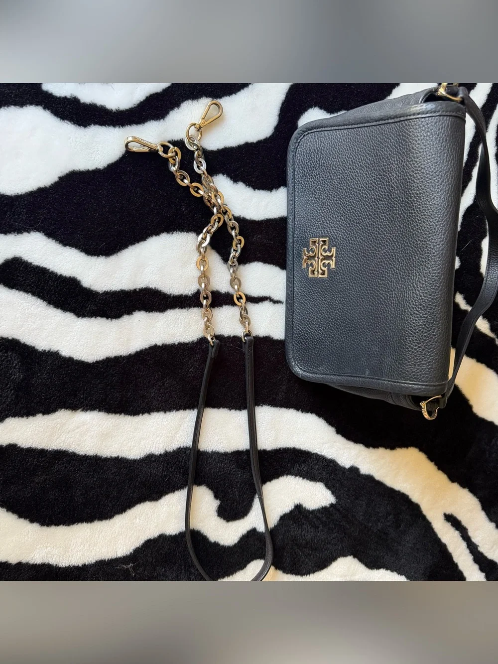 TORY BURCH Britten Black Pebbled Leather Shoulder Bag